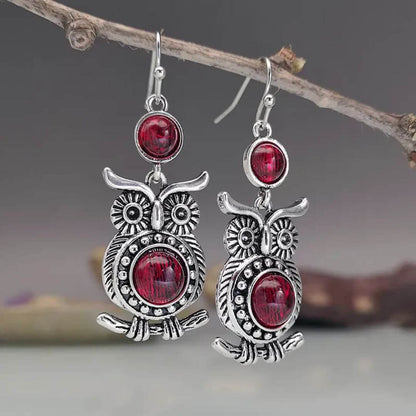 Red Gemstone Silver Owl Earrings - Diane Jewelry