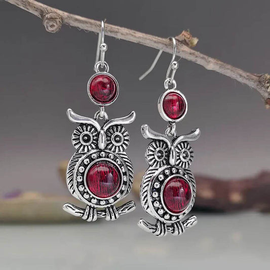 Red Gemstone Silver Owl Earrings - Diane Jewelry