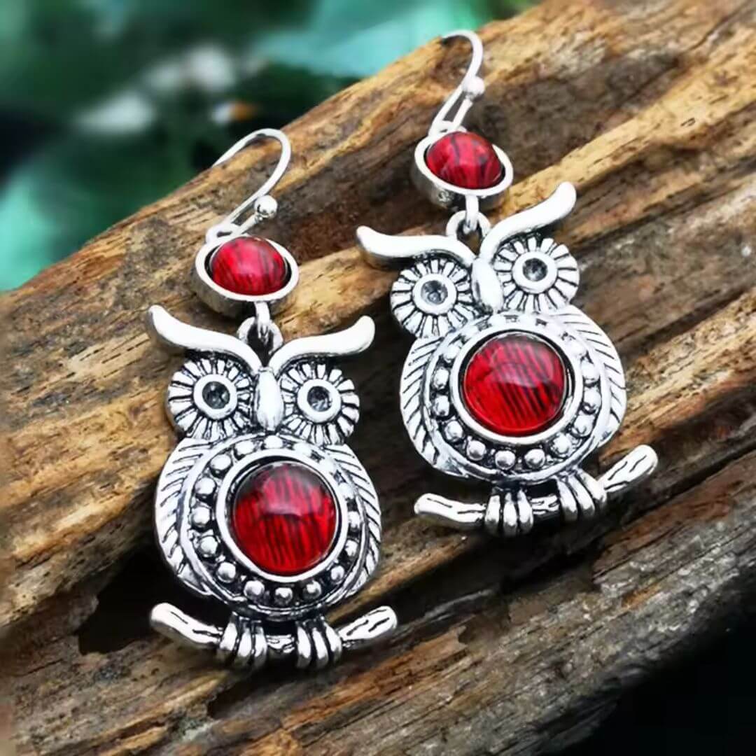 Red Gemstone Silver Owl Earrings - Diane Jewelry