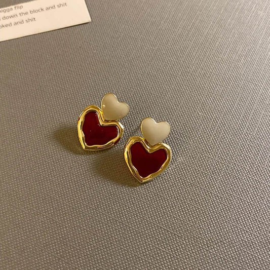 Red Enamel Double Heart Earrings - Diane Jewelry