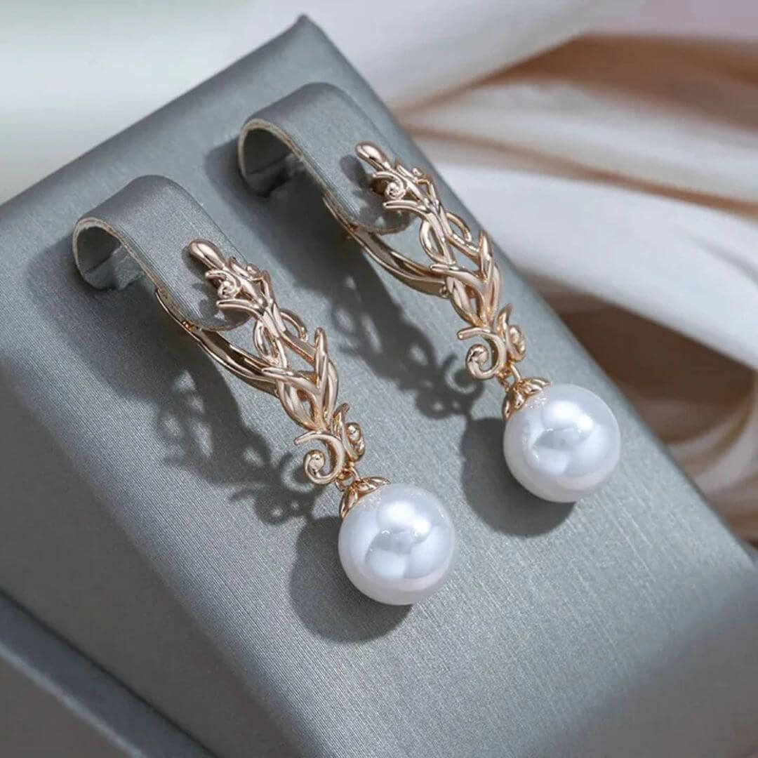 Gold Vine Pearl Drop Earrings - Diane Jewelry