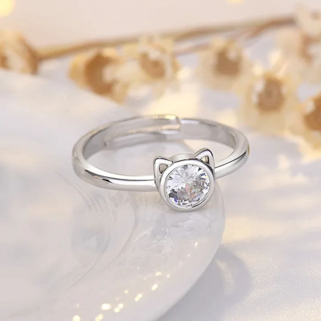 Silver Cat Ear Crystal Ring - Diane Jewelry