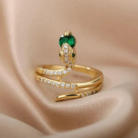 Gold Crystal Green Snake Ring - Diane Jewelry