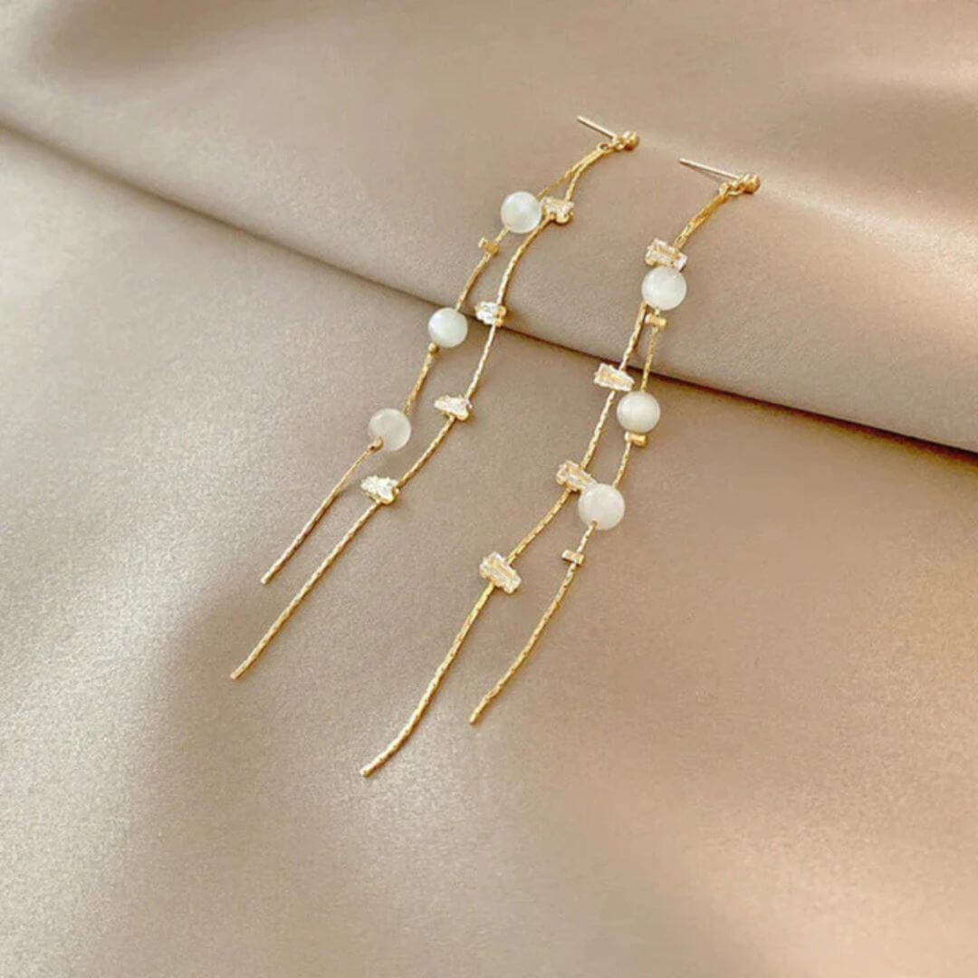 Gold Pearl Crystal Dangle Earrings - Diane Jewelry