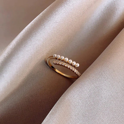 Gold Pearl Crystal Open Ring - Diane Jewelry