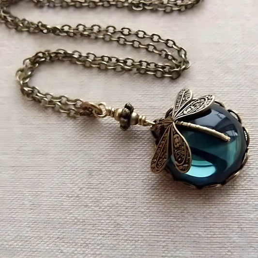 Vintage Dragonfly Blue Glass Necklace - Diane Jewelry