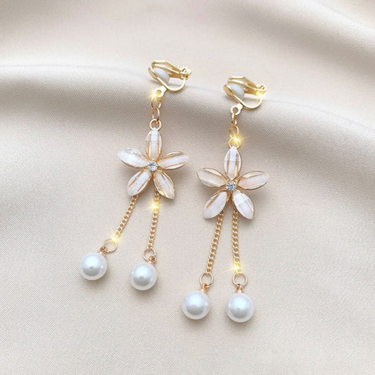 Floral Pearl Drop Clip Earrings - Diane Jewelry