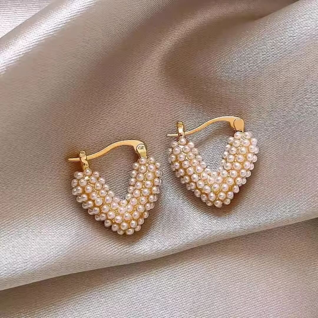 Gold Pearl Heart Hoop Earrings - Diane Jewelry