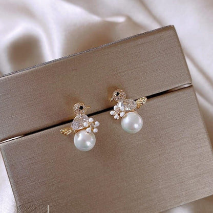 Bird Pearl Flower Stud Earrings - Diane Jewelry