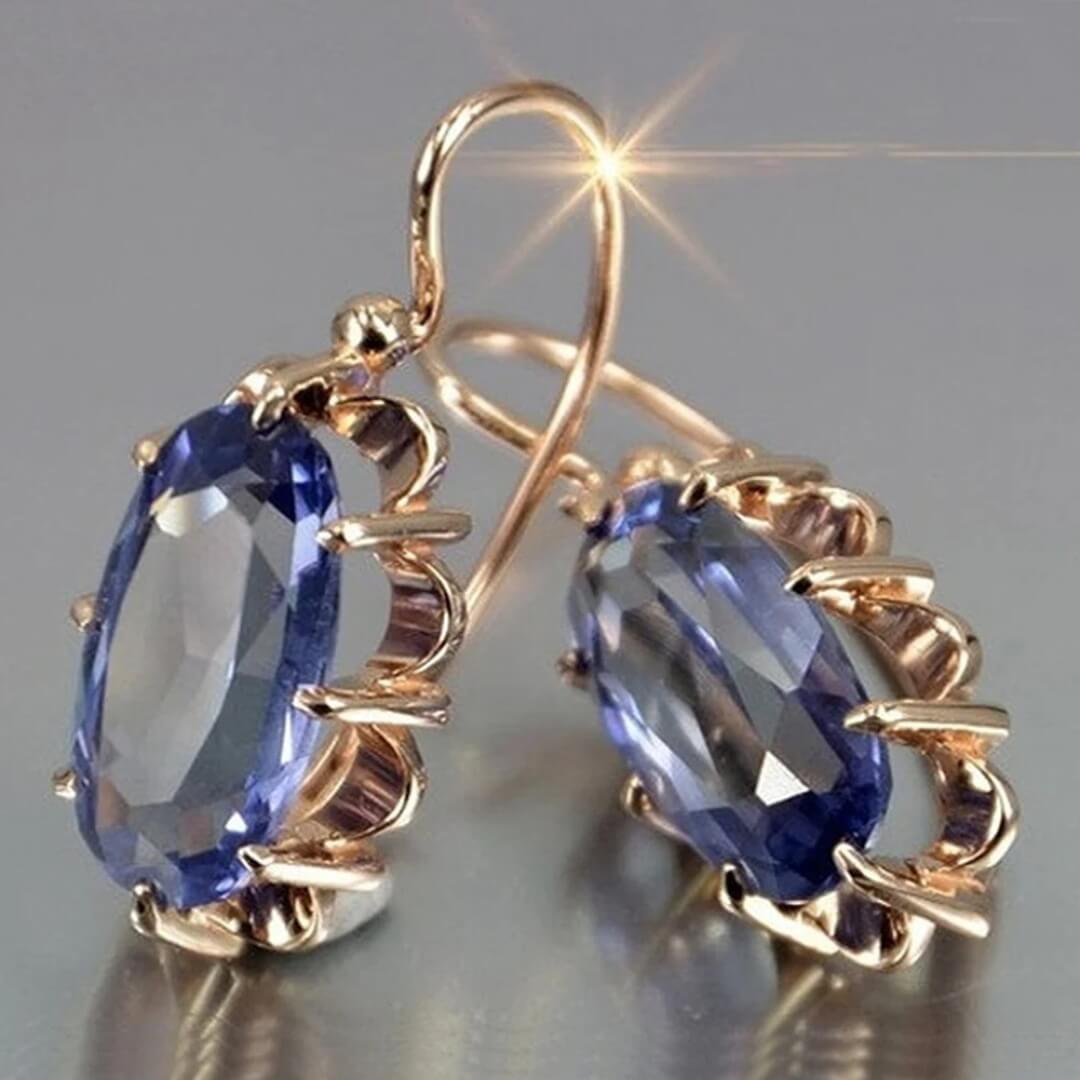 Gold Oval Blue Crystal Earrings - Diane Jewelry