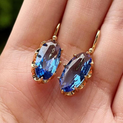 Gold Oval Blue Crystal Earrings - Diane Jewelry