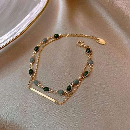 Gold Green Beaded Chain Bracelet - Diane Jewelry