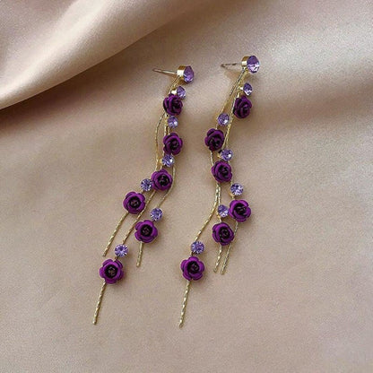 Crystal Long Rose Drop Earrings - Diane Jewelry