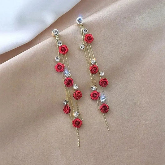 Crystal Long Rose Drop Earrings - Diane Jewelry