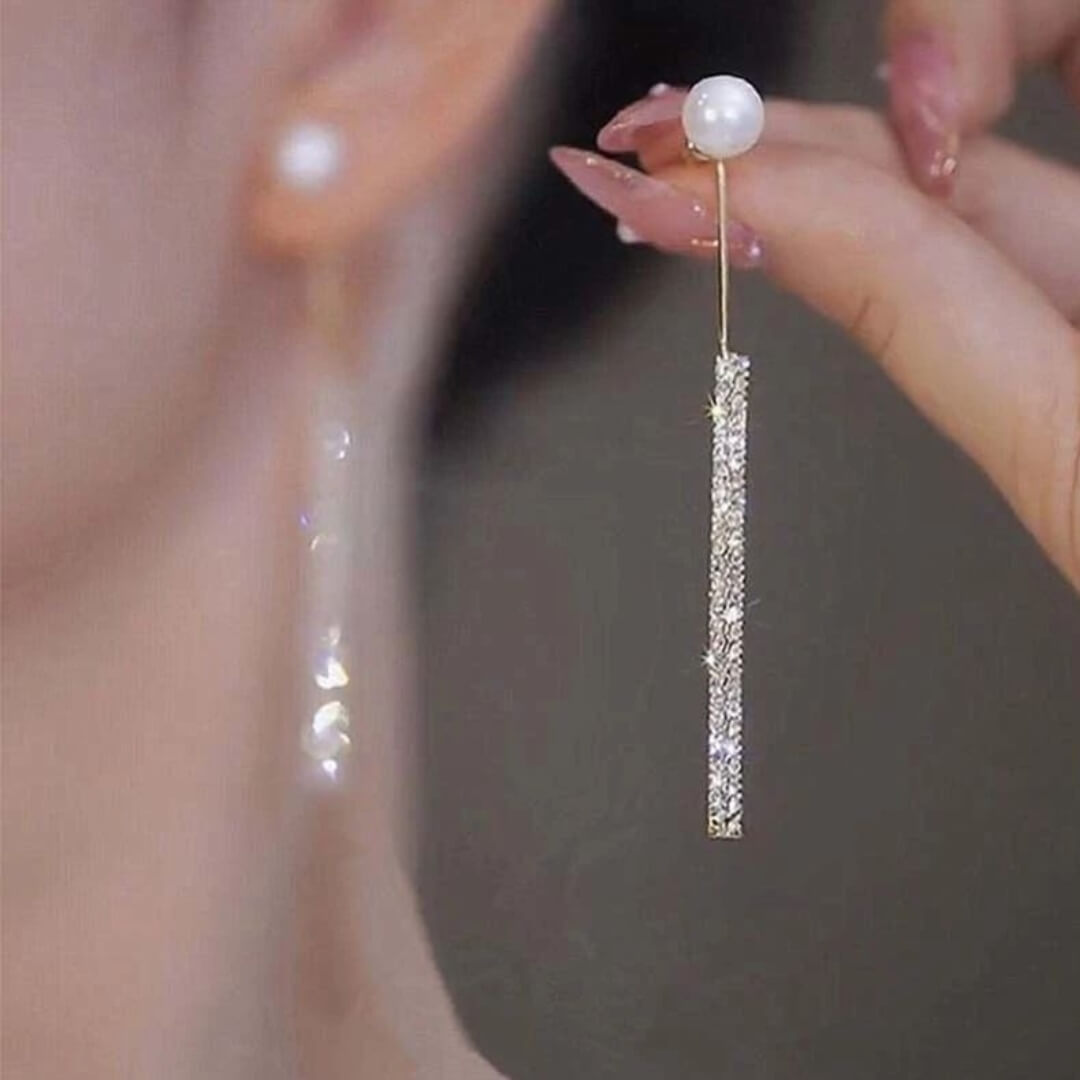 Pearl Crystal Long Drop Earrings - Diane Jewelry