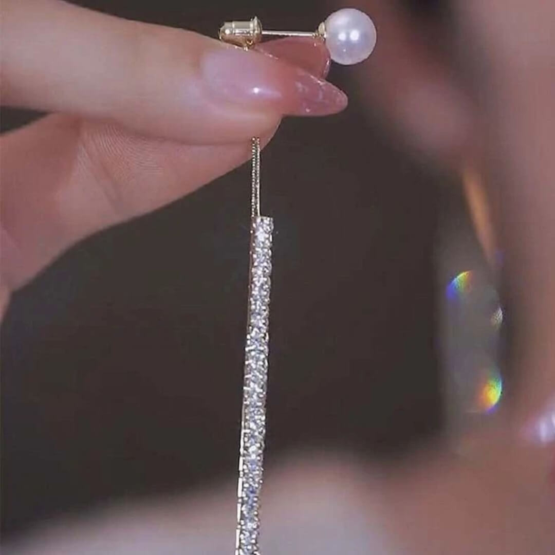 Pearl Crystal Long Drop Earrings - Diane Jewelry