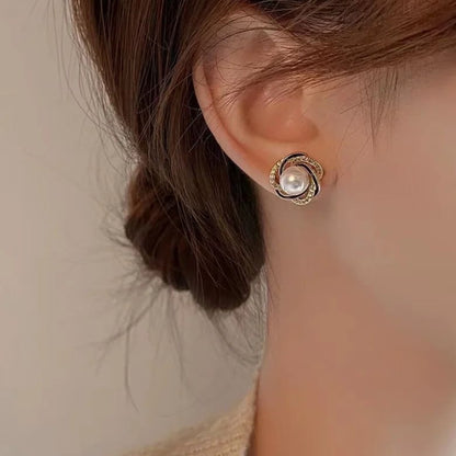 Gold Pearl Stud Twist Earrings - Diane Jewelry