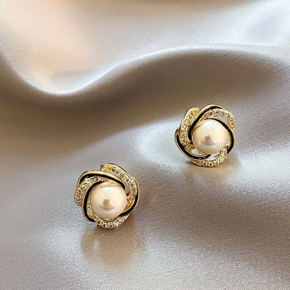 Gold Pearl Stud Twist Earrings - Diane Jewelry