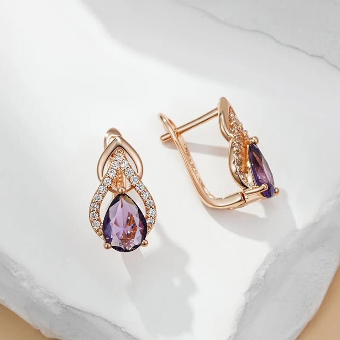 Purple Crystal Teardrop Hoop Earrings - Diane Jewelry