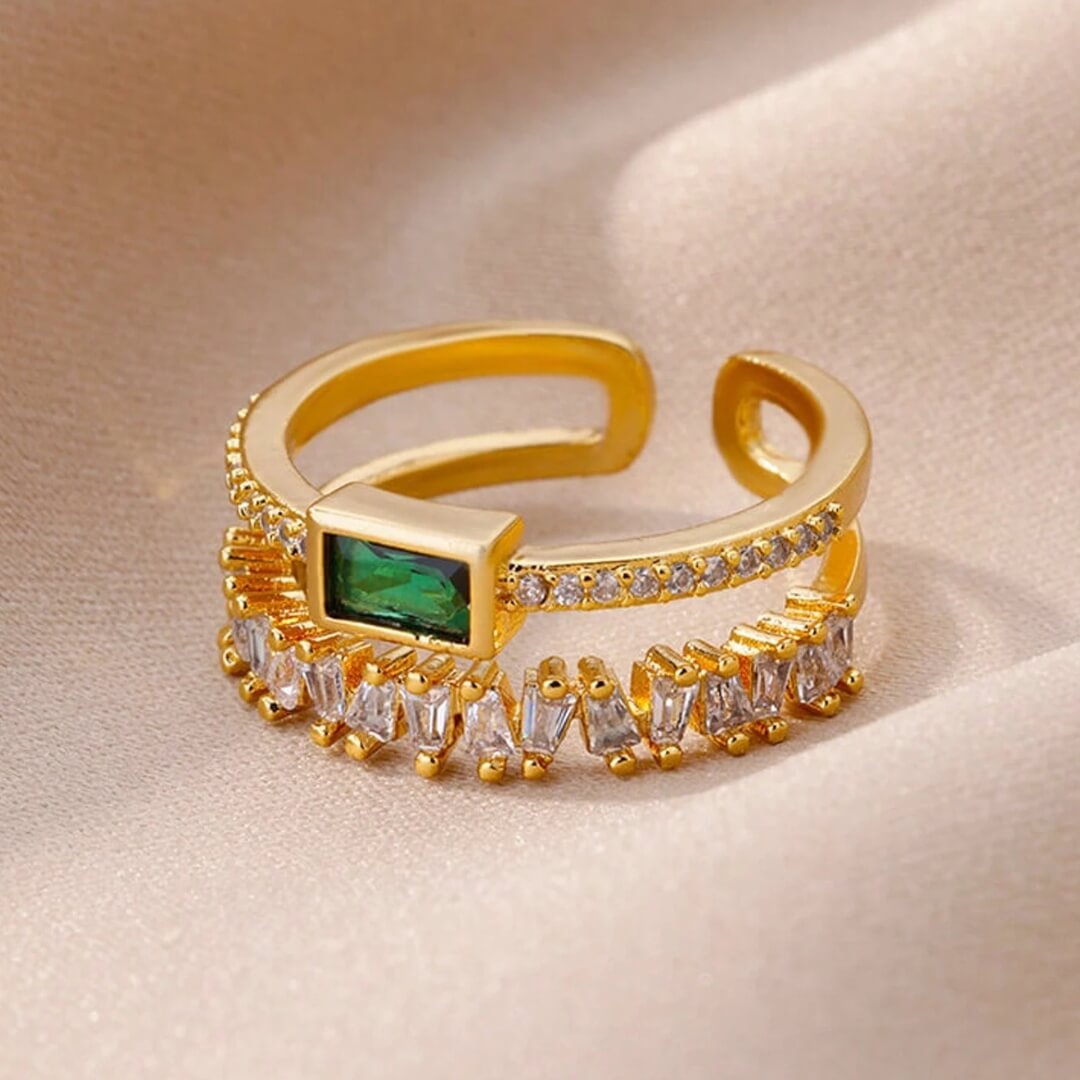 Gold Open Ring with Green Gem - Diane Jewelry