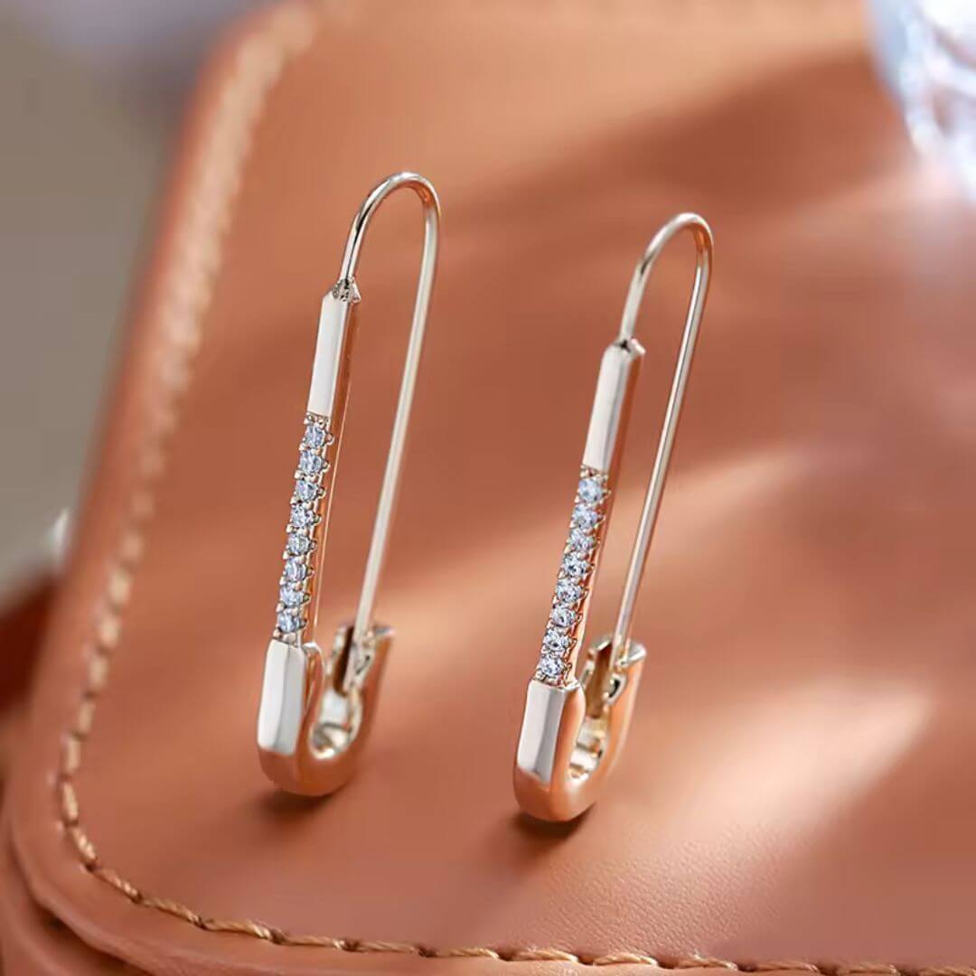 Gold Pave Safety Pin Earrings - Diane Jewelry
