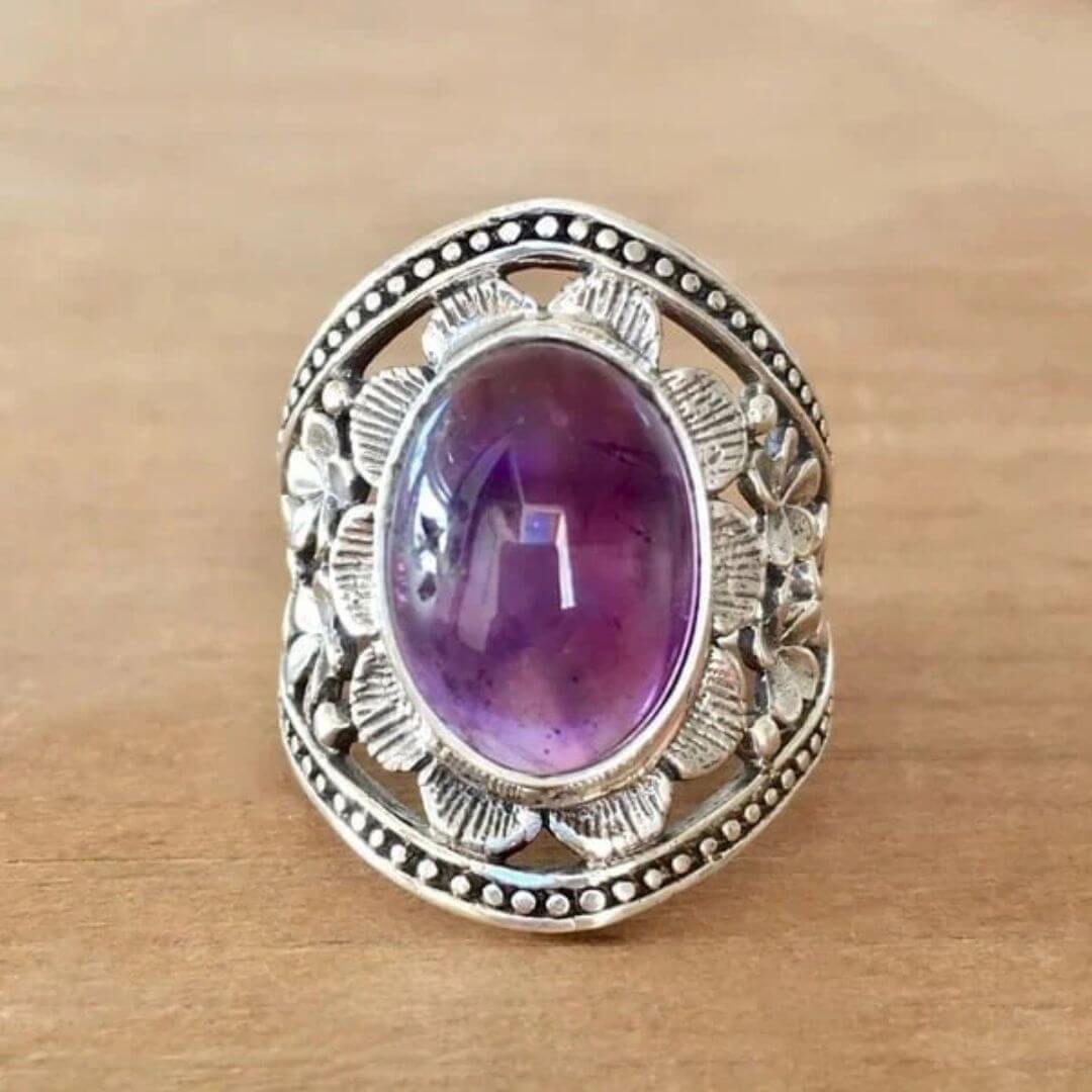 Vintage Amethyst Floral Silver Ring - Diane Jewelry