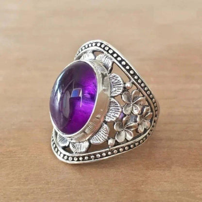 Vintage Amethyst Floral Silver Ring - Diane Jewelry