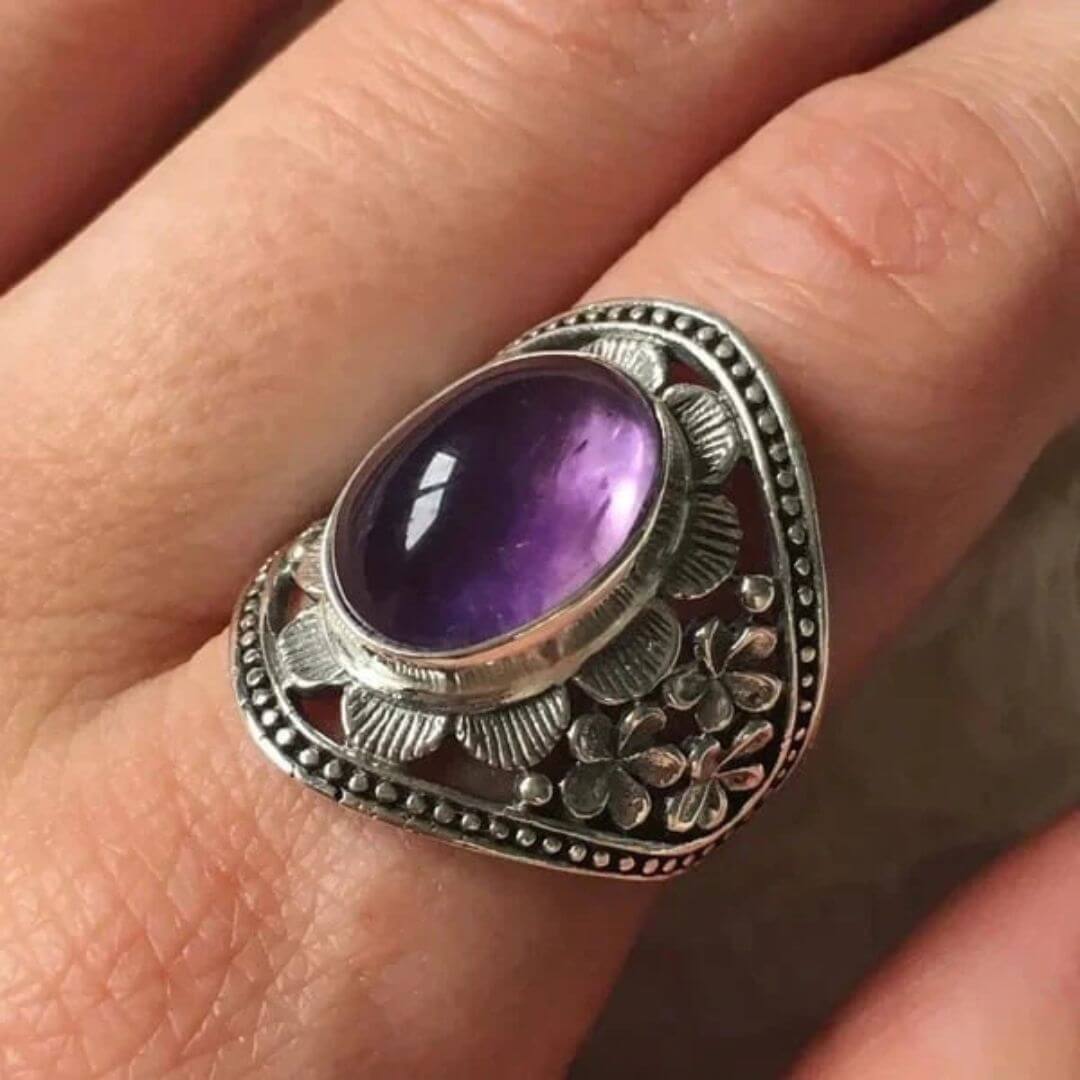 Vintage Amethyst Floral Silver Ring - Diane Jewelry
