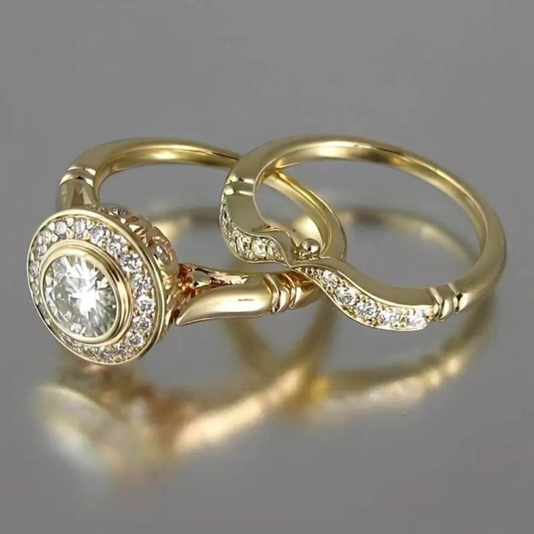 Gold Halo Bridal Ring Set - Diane Jewelry