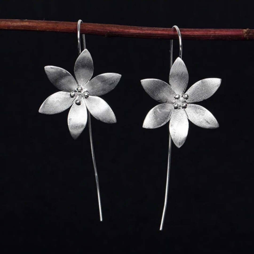 Silver Flower Long Drop Earrings - Diane Jewelry