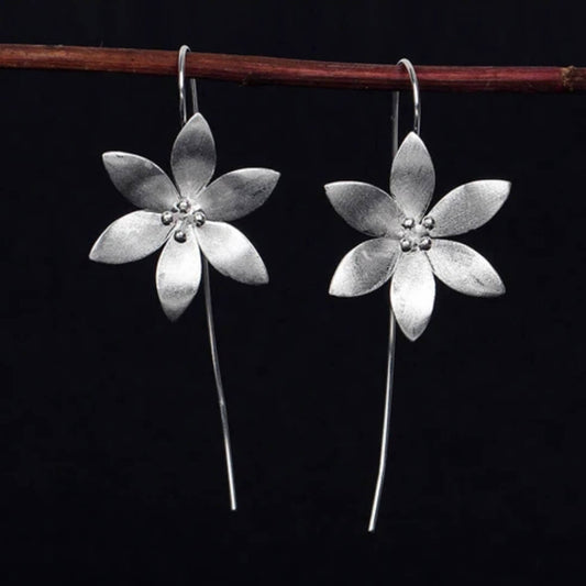 Silver Flower Long Drop Earrings - Diane Jewelry