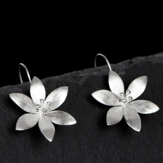 Silver Flower Long Drop Earrings - Diane Jewelry