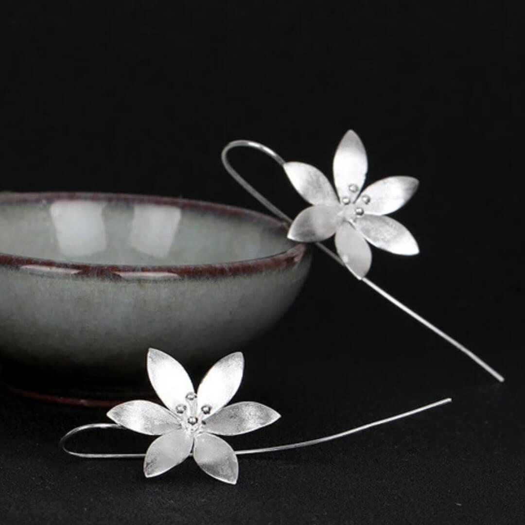 Silver Flower Long Drop Earrings - Diane Jewelry