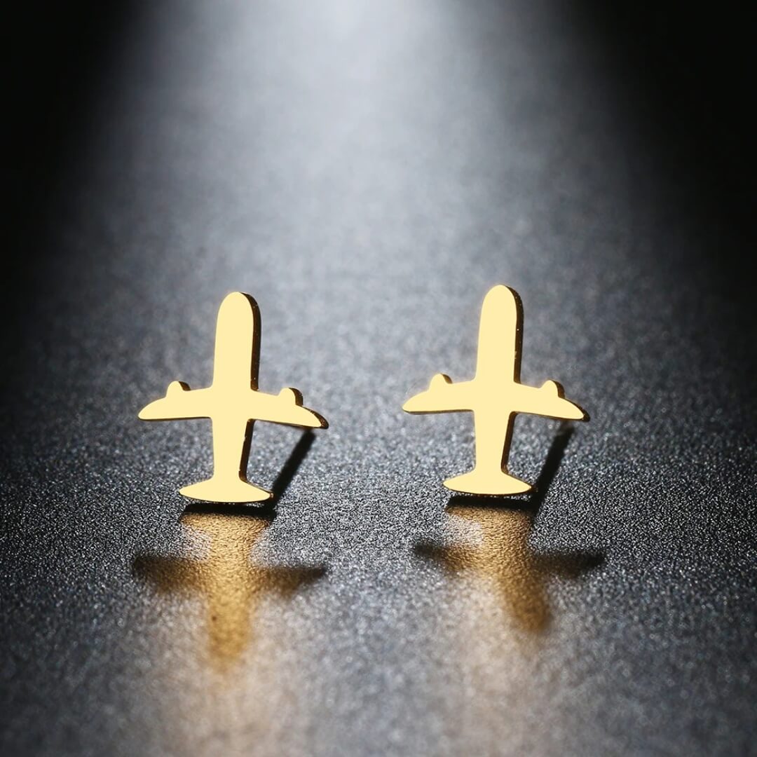 Gold Airplane Stud Earrings Travel - Diane Jewelry