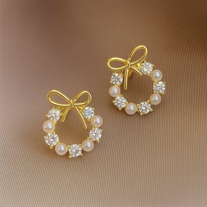 Gold Pearl Crystal Bow Earrings - Diane Jewelry