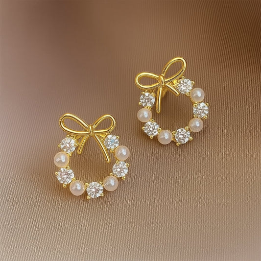 Gold Pearl Crystal Bow Earrings - Diane Jewelry
