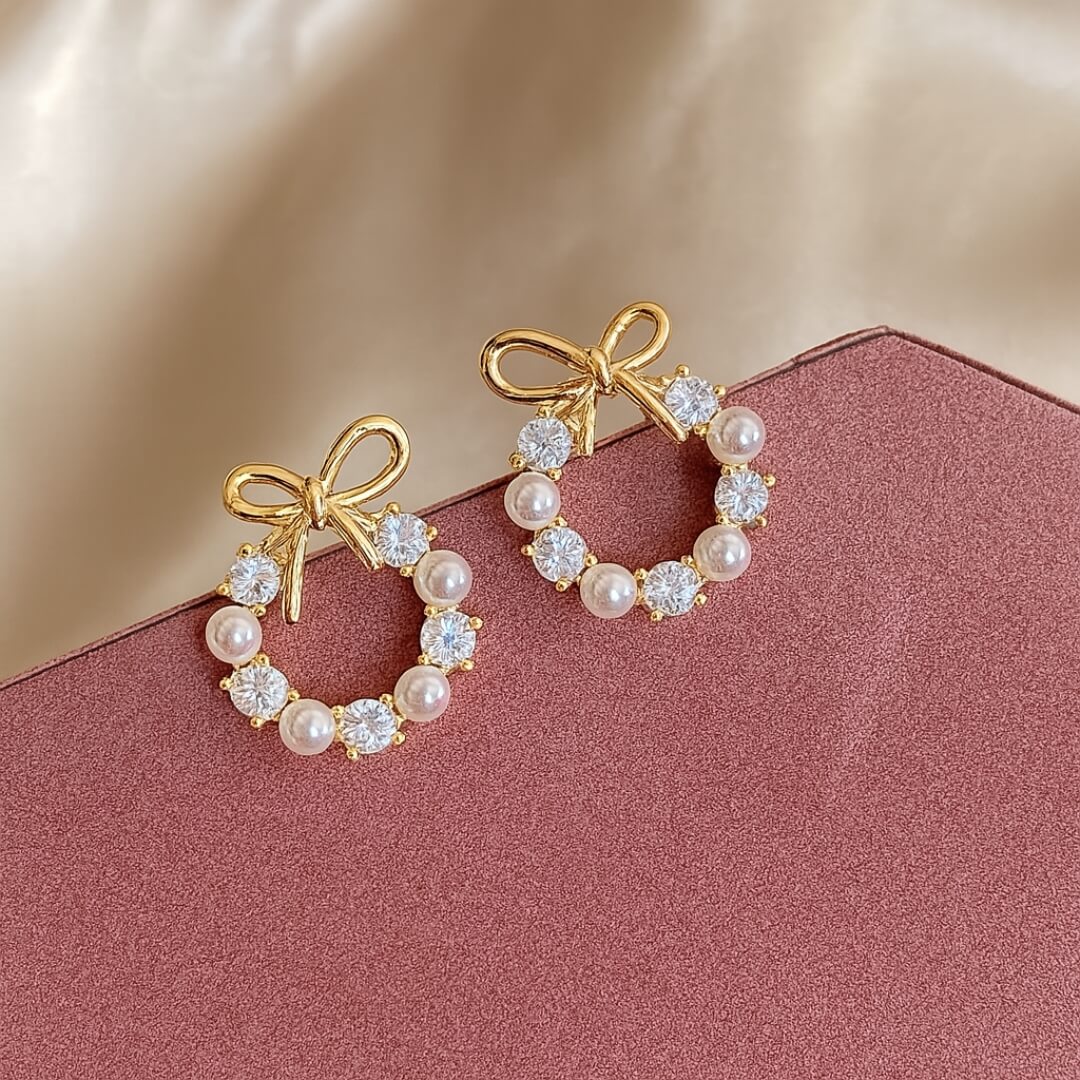 Gold Pearl Crystal Bow Earrings - Diane Jewelry