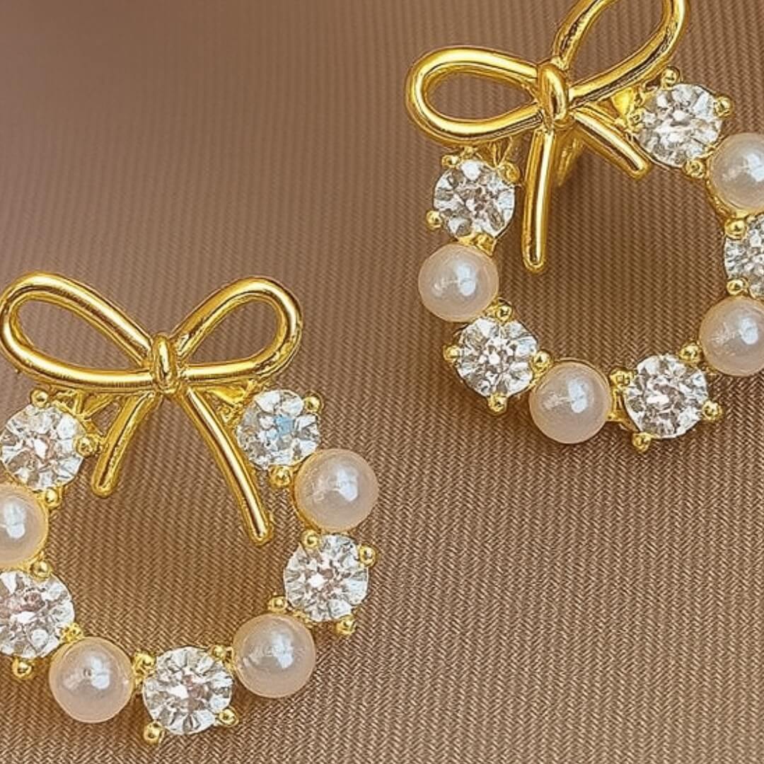 Gold Pearl Crystal Bow Earrings - Diane Jewelry