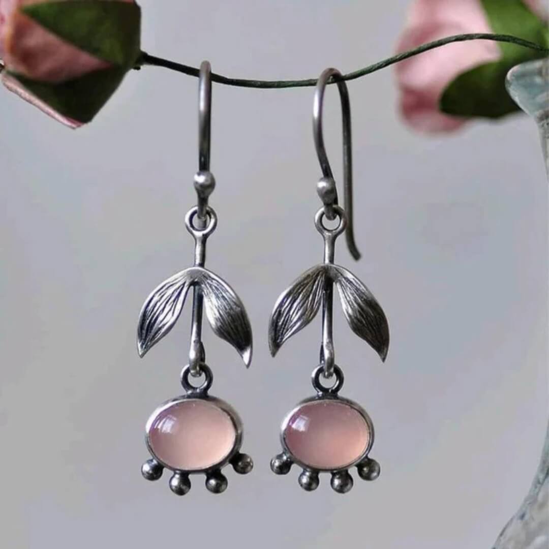Vintage Leaf Pink Stone Earrings - Diane Jewelry