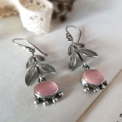 Vintage Leaf Pink Stone Earrings - Diane Jewelry