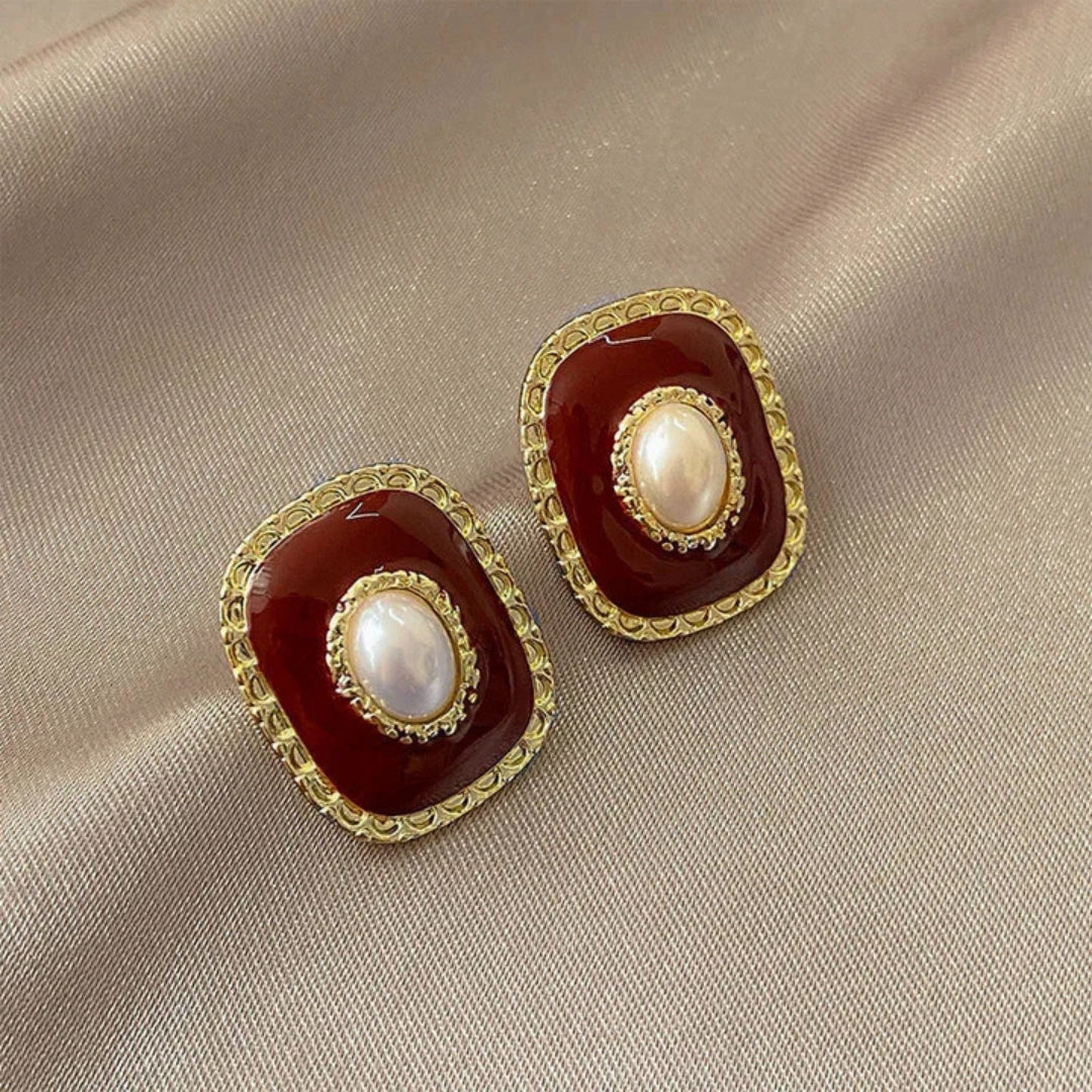 Vintage Pearl Red Enamel Earrings - Diane Jewelry