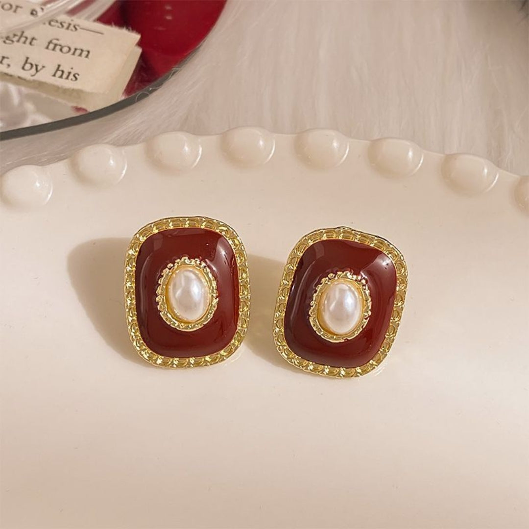 Vintage Pearl Red Enamel Earrings - Diane Jewelry