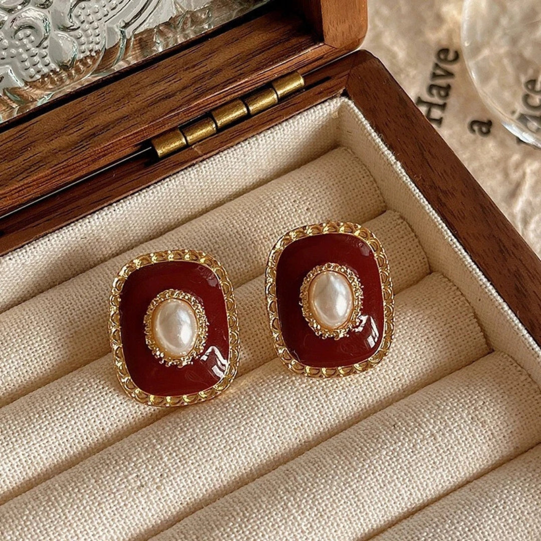 Vintage Pearl Red Enamel Earrings - Diane Jewelry